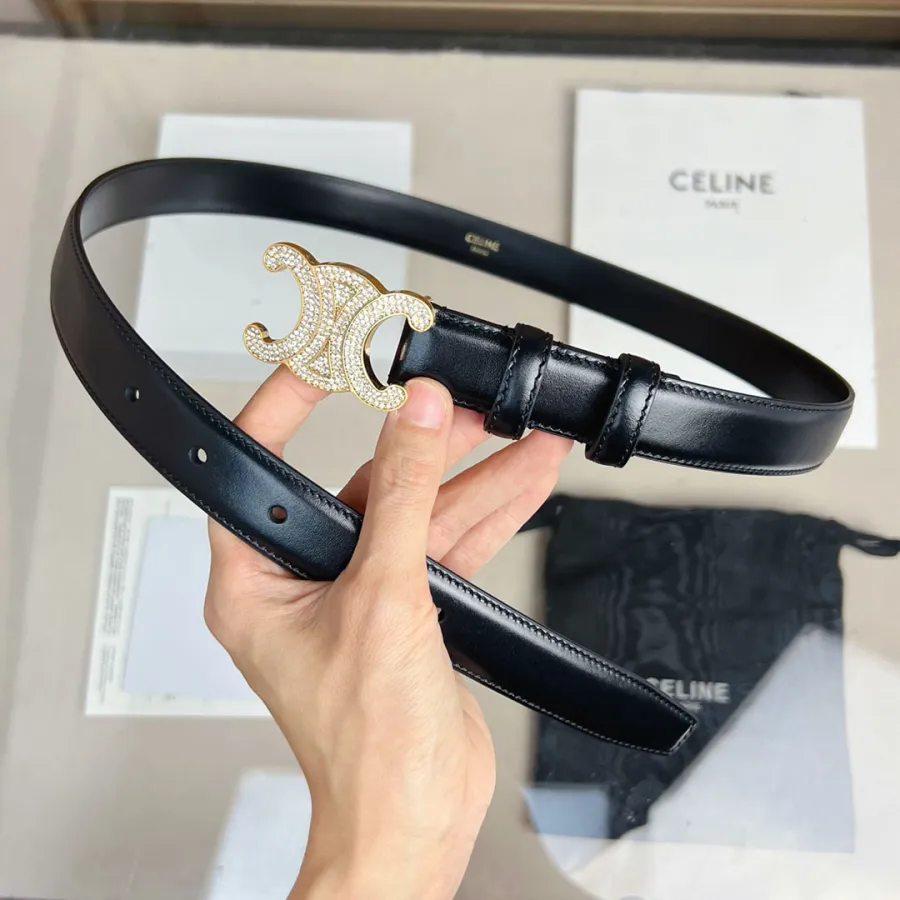 Celine Triomphe Buckle With Crystals Revesible Belt In Black/Brown Calfskin With Gold Hardware 25mm