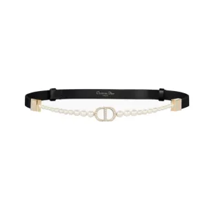 Dior Women' s  30 Montaigne CD Pearls Chain Adjustable Belt In Black Calfskin With Gold Hardware 15mm One Size