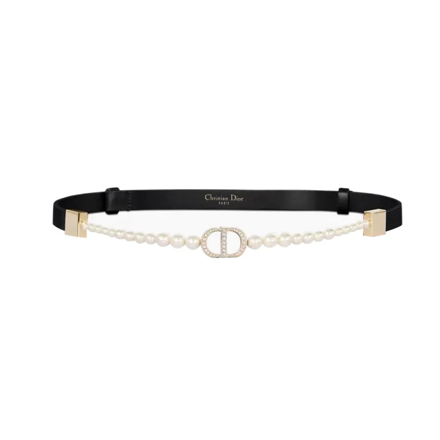 Dior Women' s  30 Montaigne CD Pearls Chain Adjustable Belt In Black Calfskin With Gold Hardware 15mm One Size