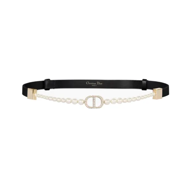 Dior Women' s 30 Montaigne CD Pearls Chain Adjustable Belt In Black Calfskin With Gold Hardware 15mm One Size
