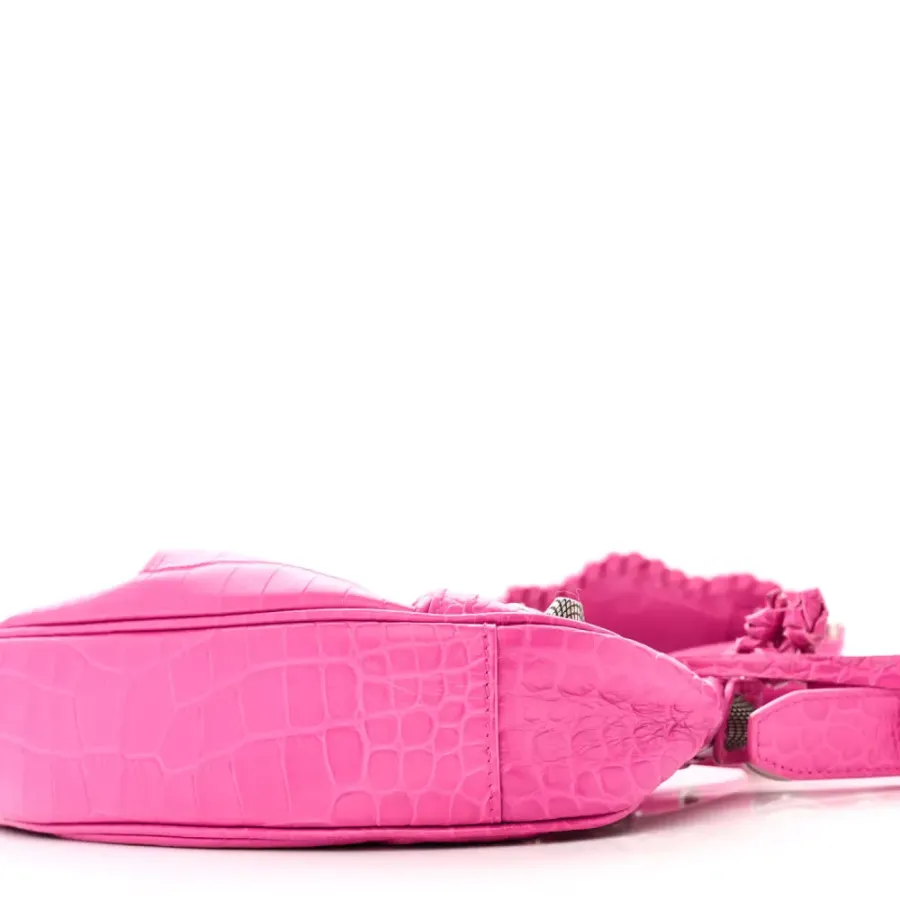Balenciaga XS Le Cagole Shoulder Bag Lipstick Pink Crocodile Extra Embossed Supple Calfskin Leather Silver Hardware