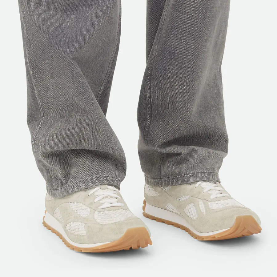 Bottega Veneta Orbit Flash Sneakers In White Weathered Suede Leather And Mesh Lace-Up Sneaker