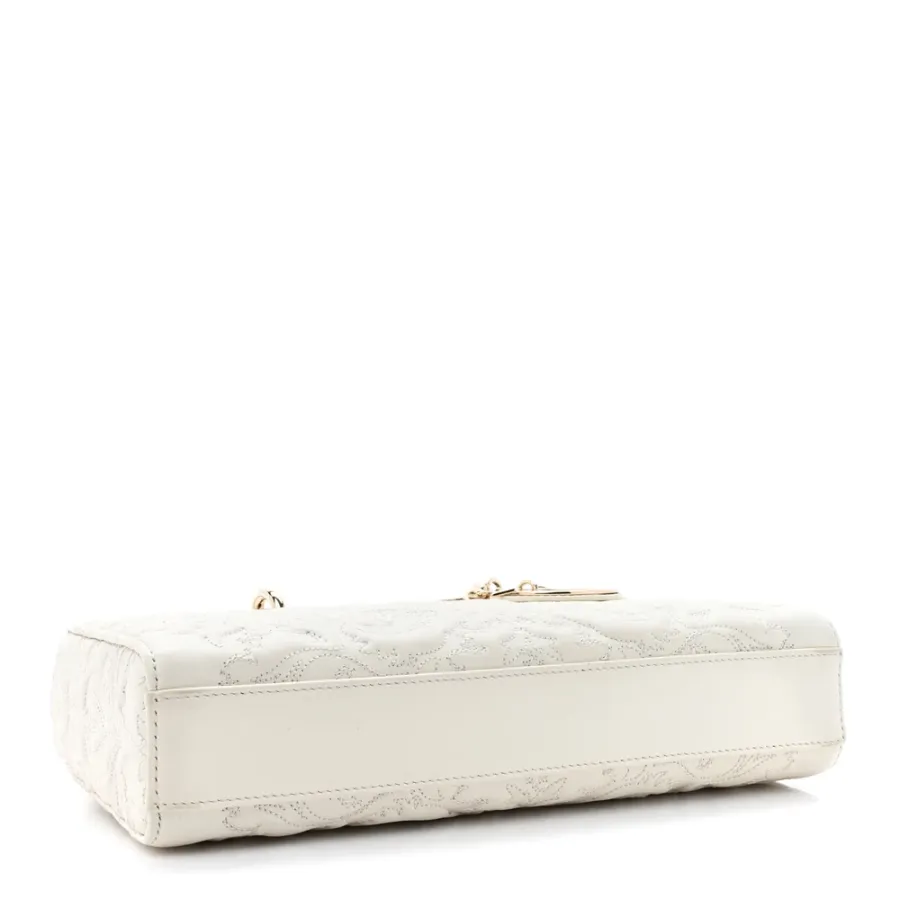 Dior Medium Lady D-Joy White Ornamental Embroidered Calfskin Leather Gold Hardware