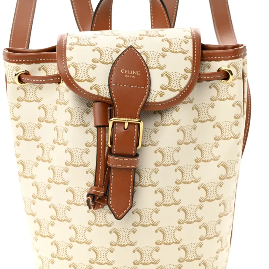 Celine Mini Folco Backpack White Triomphe Canvas & Calfskin Leather Gold Hardware