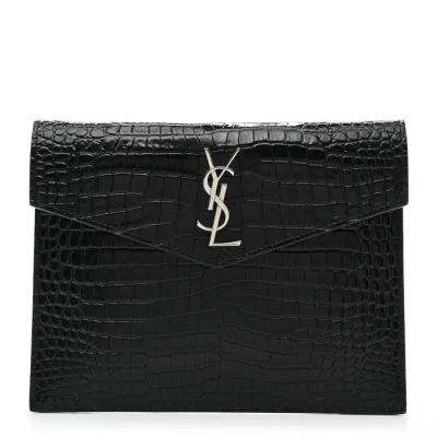 Saint Laurent Small Uptown Pouch Black Embossed Monogram Calfskin & Crocodile Leather Silver Hardware
