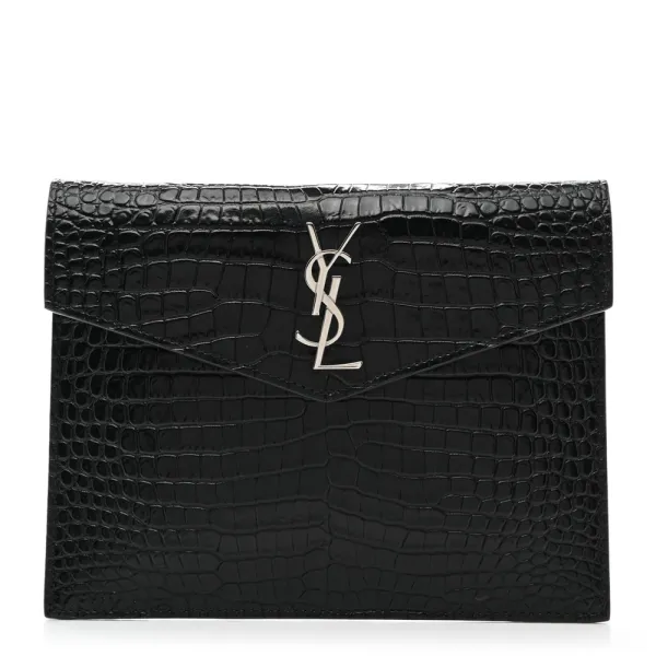 Saint Laurent Small Uptown Pouch Black Embossed Monogram Calfskin & Crocodile Leather Silver Hardware