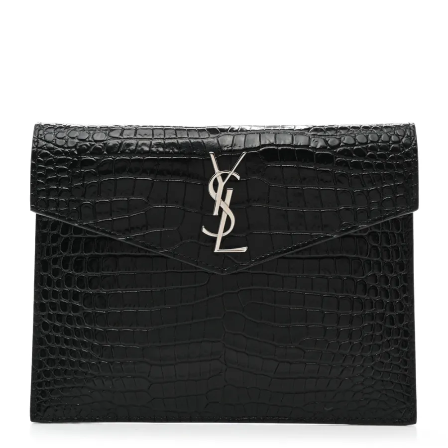 Saint Laurent Small Uptown Pouch Black Embossed Monogram Calfskin & Crocodile Leather Silver Hardware