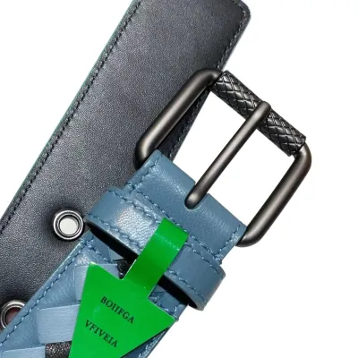 Bottega Veneta Men's Square Buckle Intrecciato Belt In Multicolor Calfskin With Silver/Matte Gun Black Hardware 35mm