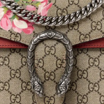 Gucci Small Blooms Dionysus Shoulder Bag Beige Multicolor / Dry Rose GG Supreme Monogram Canvas Aged Silver Hardware