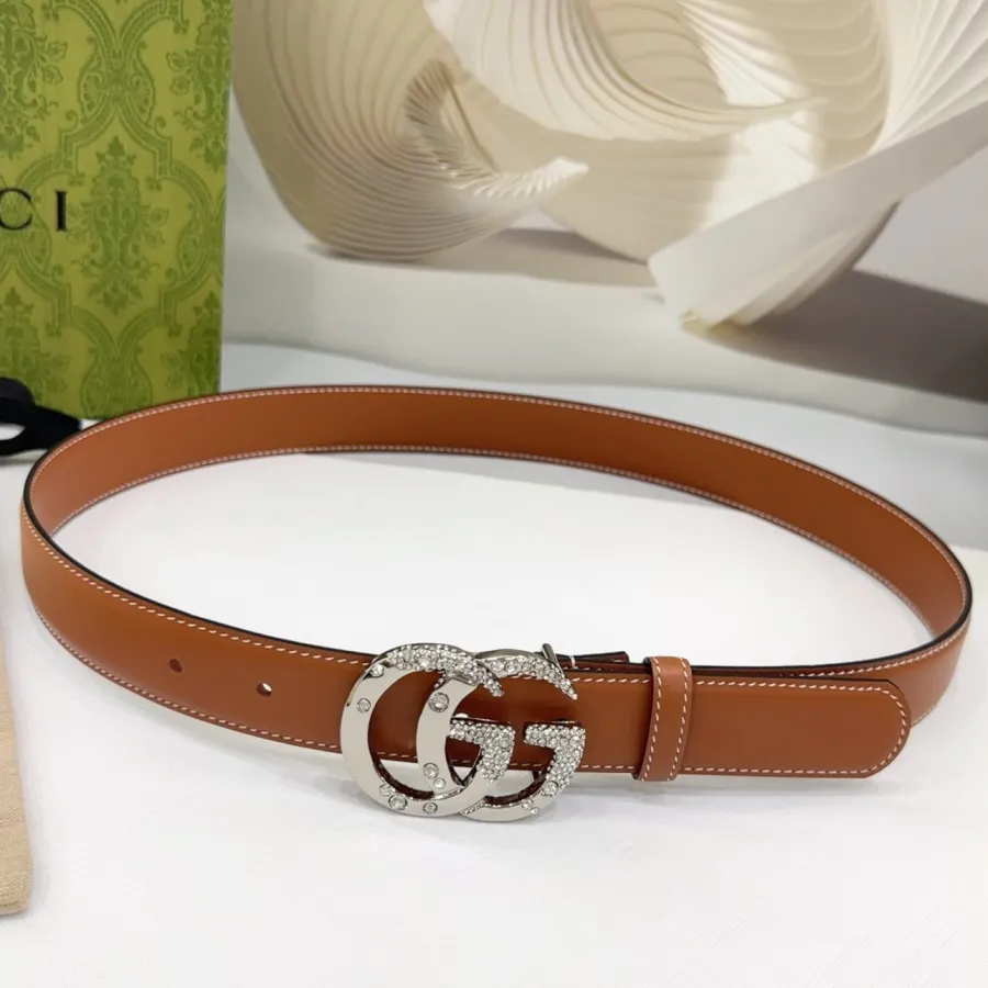 Gucci Women's GG Buckle With Beading Marmont Thin Belt In Black/White/Brown/Silver Smooth Calfskin With Gold/Silver Hardware 30mm