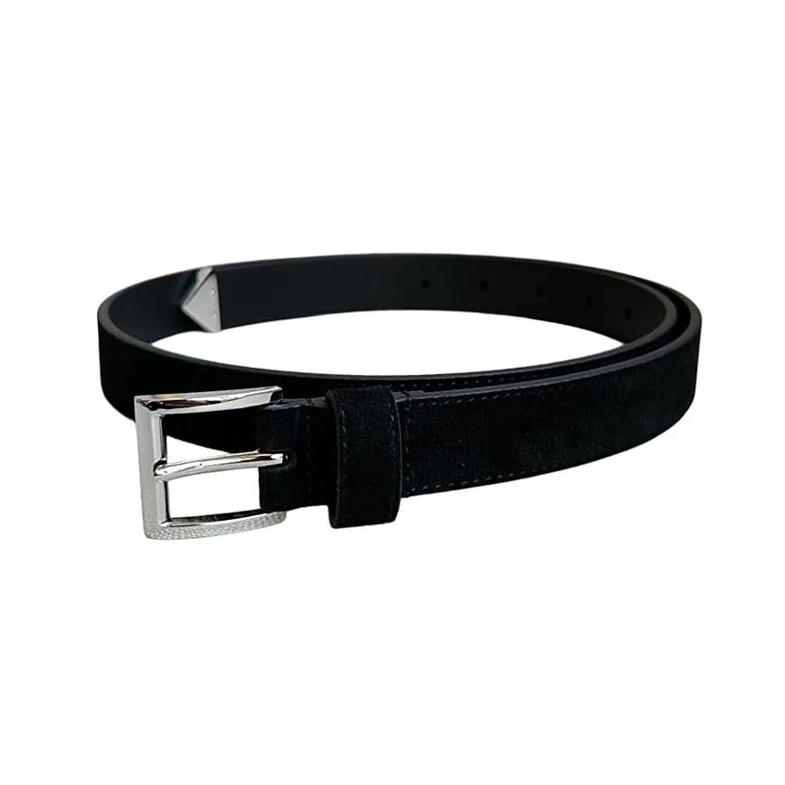 Prada Women' s Square Buckle Belt In Brown/Black Suede Calfskin With Gold/Silver Hardware 25mm