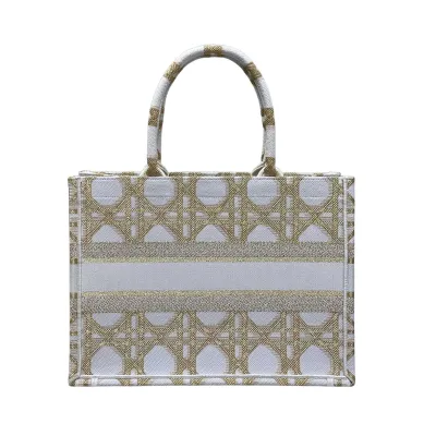 Dior Medium Dior Book Tote Gold-Tone and White Macrocannage Embroidered Canvas