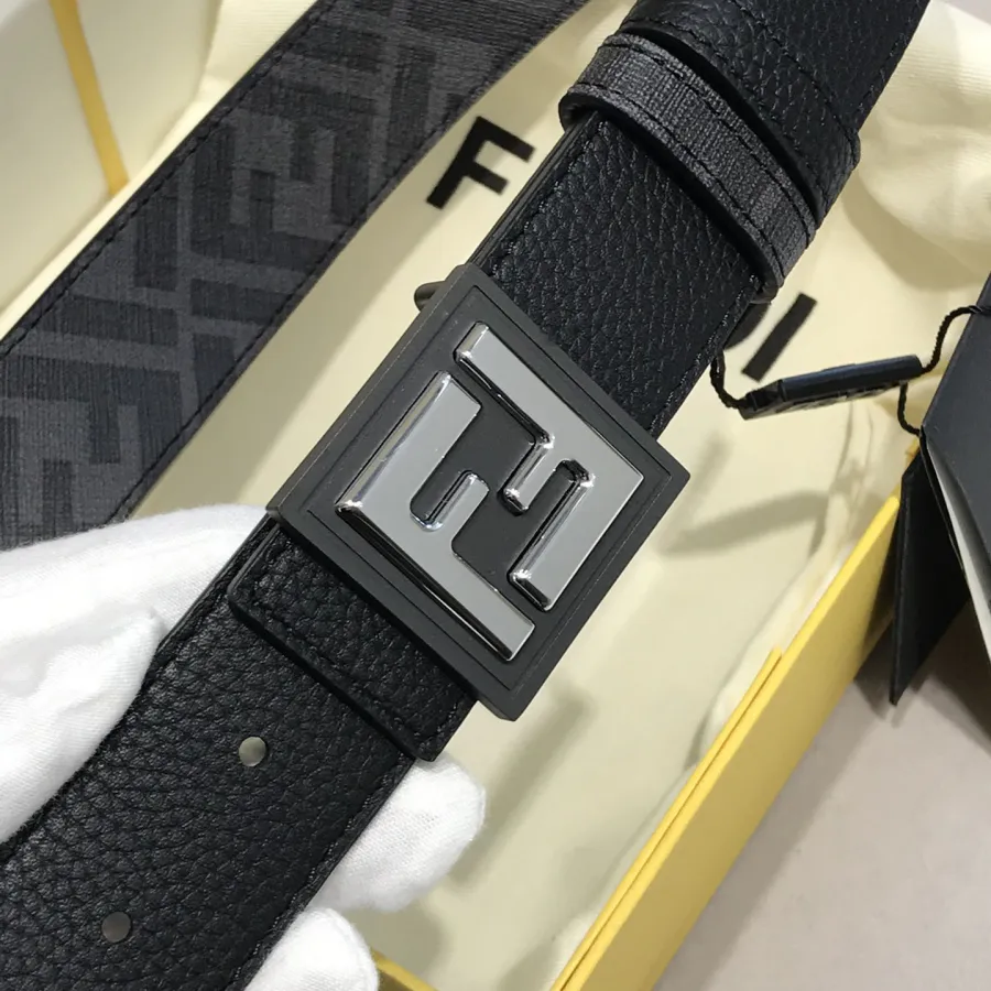 Fendi Men's Square Buckle Belt In Black/Brown Grained Calfskin And Monogram Canvas With Gold/Silver Hardware 35mm
