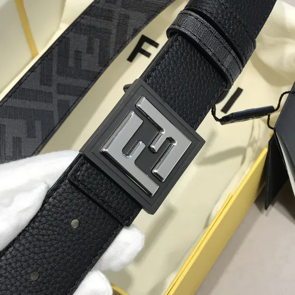 Fendi Men's Square Buckle Belt In Black/Brown Grained Calfskin And Monogram Canvas With Gold/Silver Hardware 35mm - Image 6
