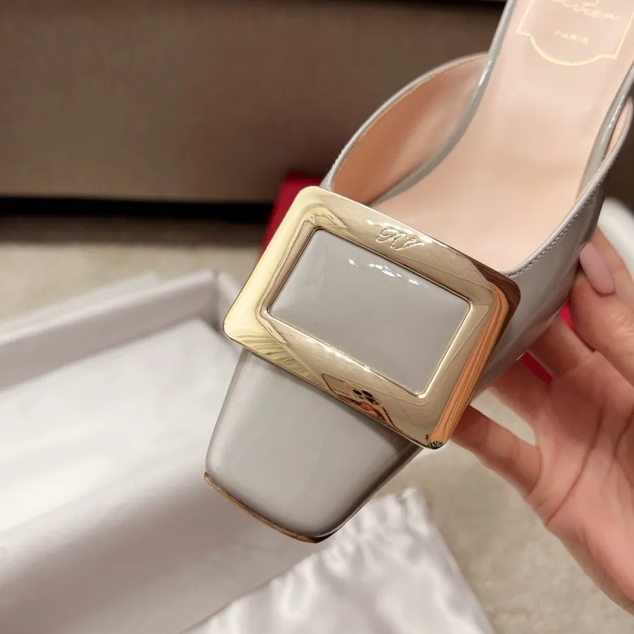 Roger Vivier Belle Vivier Mules Sandals In Red/Grey/Apricot/Beige/Pink/Black Patent Leather With Metal Buckle (Heel Height 4.5cm)
