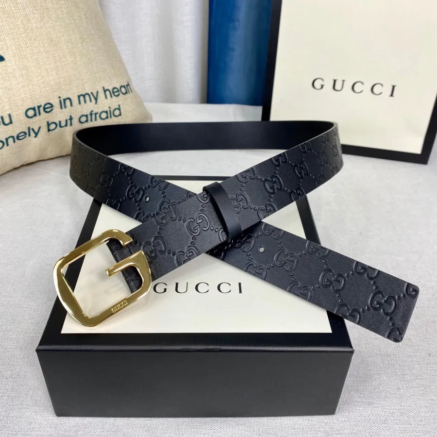 Gucci Men's Square G Buckle Belt In Black Monogram Calfskin With Gold/Silver Hardware 38mm