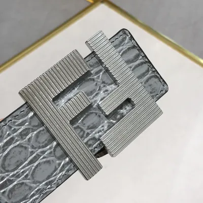 Fendi Men's FF Buckle Belt In Blue/Grey Crocodile-Embossed Leather With Gold/Silver Hardware 40mm