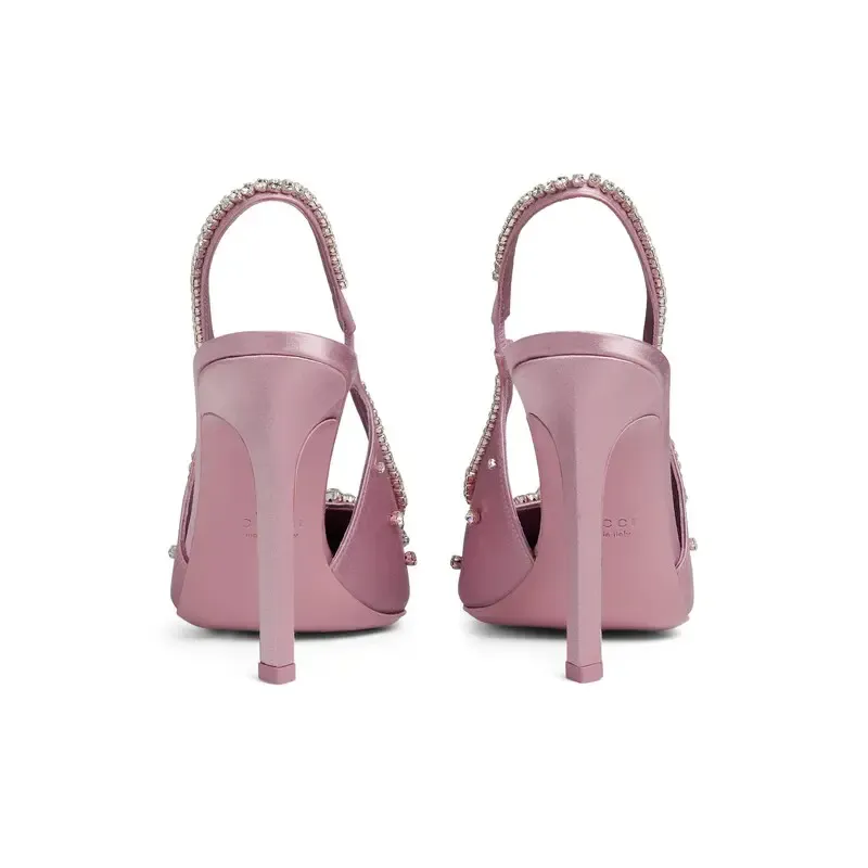 Gucci pink pointed heels crystal high heels shoes Rear lace up high heels