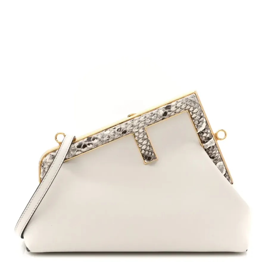 Fendi Small Fendi First White/Roccia Shiny Nappa & Snakeskin Leather Gold Hardware
