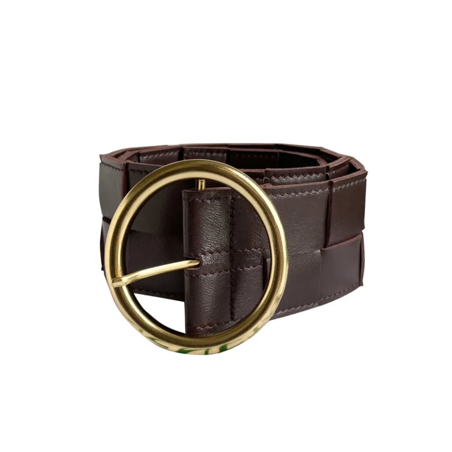 Bottega Veneta Women's Round Buckle Maxi Intrecciato Adjustable Belt In Pink/Blue/White/Coffee/Black Calfskin With Gold Hardware 60mm