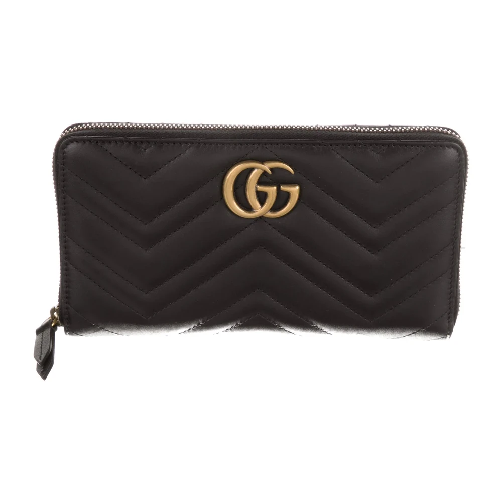 Gucci Carteira Continental Grande Marmont Logotipo Duplo G Preto Lona GG Hardware Dourado