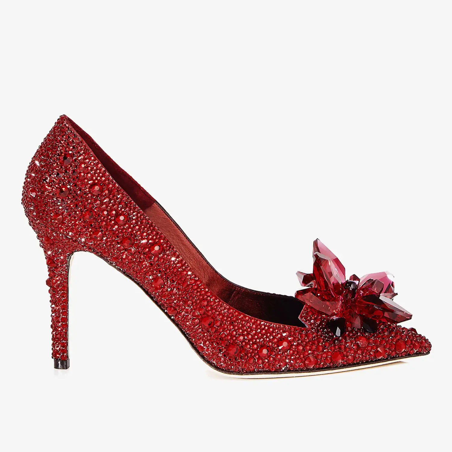 JIMMY CHOO Salto alto de couro pontudo com cristais vermelhos e diamantes quentes
