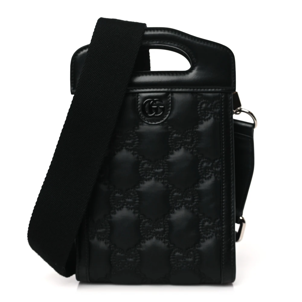 Gucci Mini Top Slip Handle Crossbody Bag Black Nylon & GG Esmalte Couro Calfskin Matelassé Ferragens Pretas