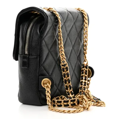 Chanel Chain Melody Backpack Small Black Quilted Shiny Caviar Leather Gold Hardware