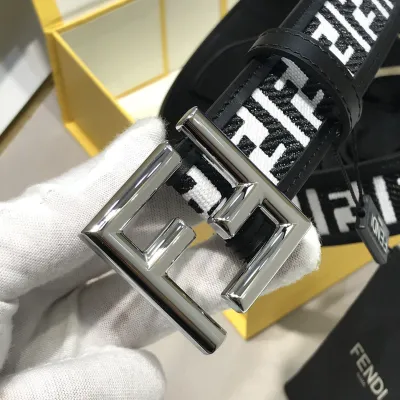 Fendi Men's FF Buckle Belt In Black/White FF Canvas With Gold/Silver Hardware 35mm