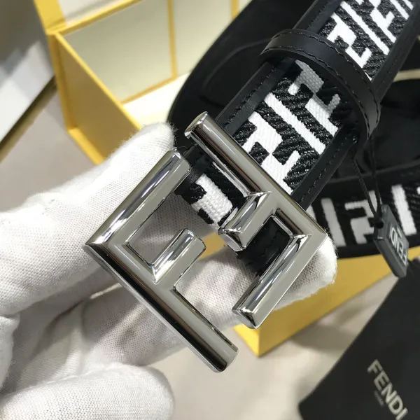 Fendi Men's FF Buckle Belt In Black/White FF Canvas With Gold/Silver Hardware 35mm - Image 5