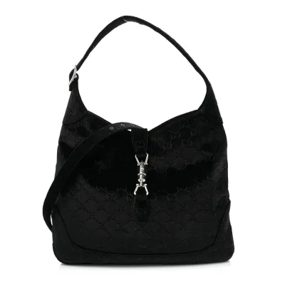 Gucci Small Jackie 1961 Hobo Black GG Monogram Velvet Silver Hardware