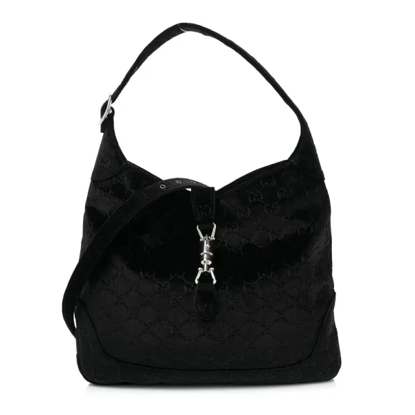 Gucci Small Jackie 1961 Hobo Black GG Monogram Velvet Silver Hardware