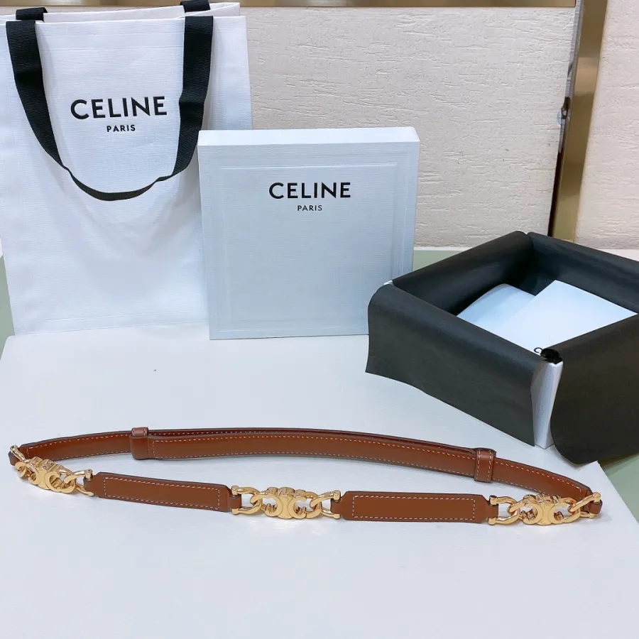 Celine Triomphe Gourmette Adjustable Belt In Black/Brown/White Taurillon Leather With Gold/Silver Hardware