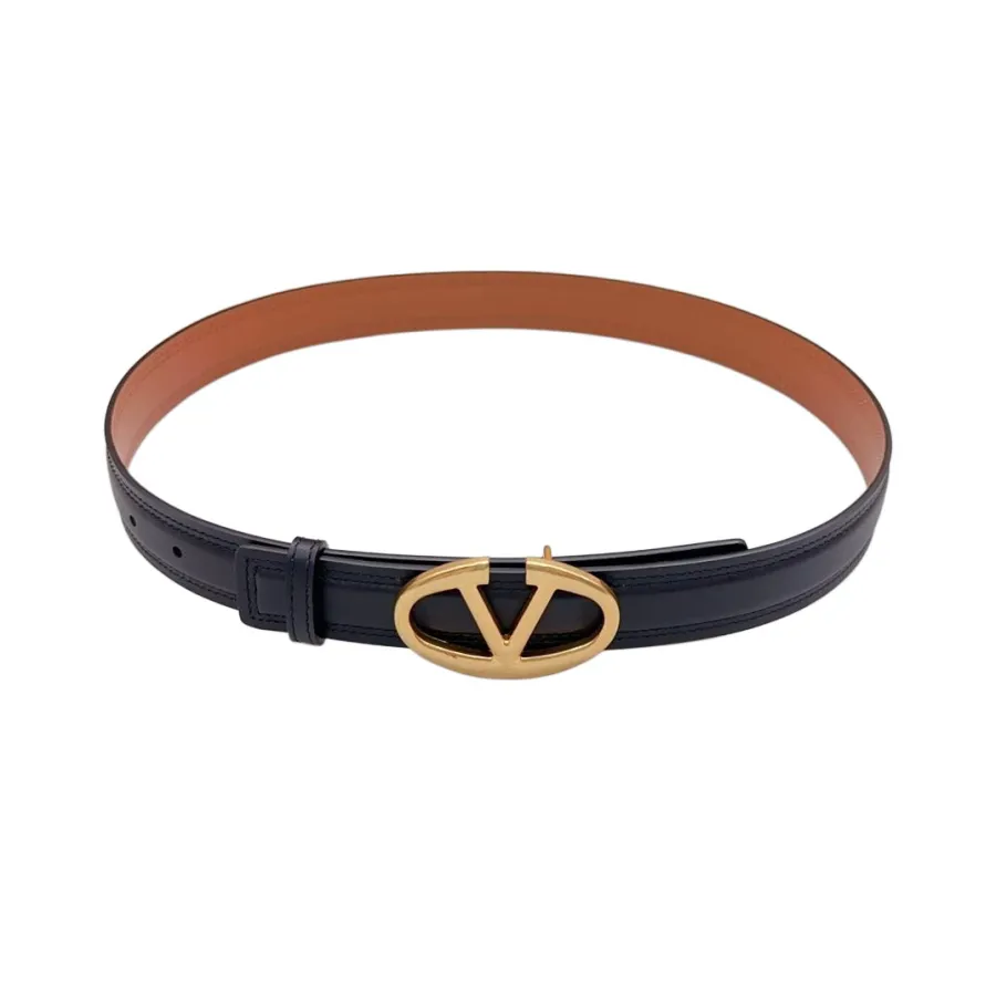 Valentino Oval V Buckle Belt In White/Black Calfskin With Gold Hardware 30mm