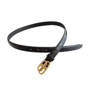 Balenciaga Women's BB Thin Belt In Black Crocodile Embossed Calfskin With Gold/Silver Hardware 20mm