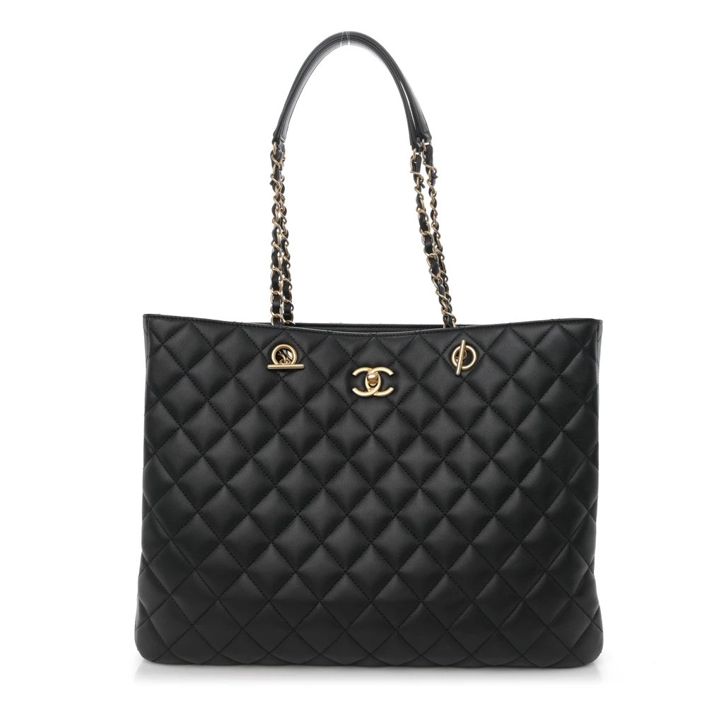 Chanel Classic Shopping Tote Grande Preto Couro Bezerro Acolchoado Hardware Dourado