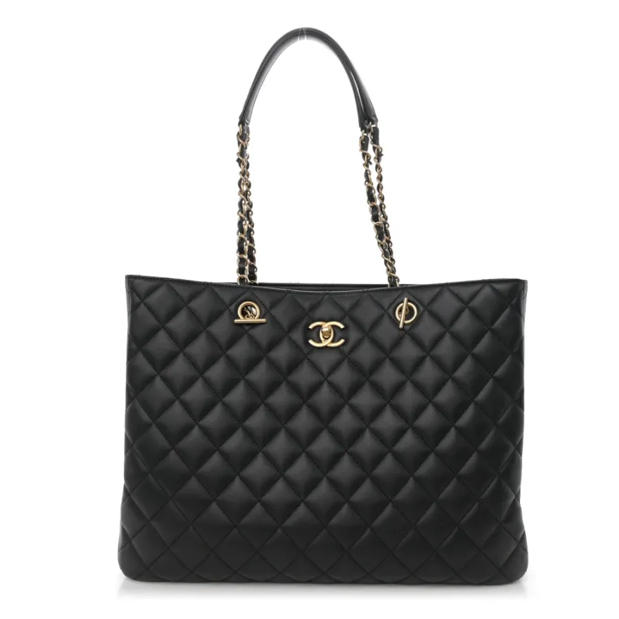 Chanel Classic Shopping Tote Large Black Quilted Calfskin Leather Gold Hardware