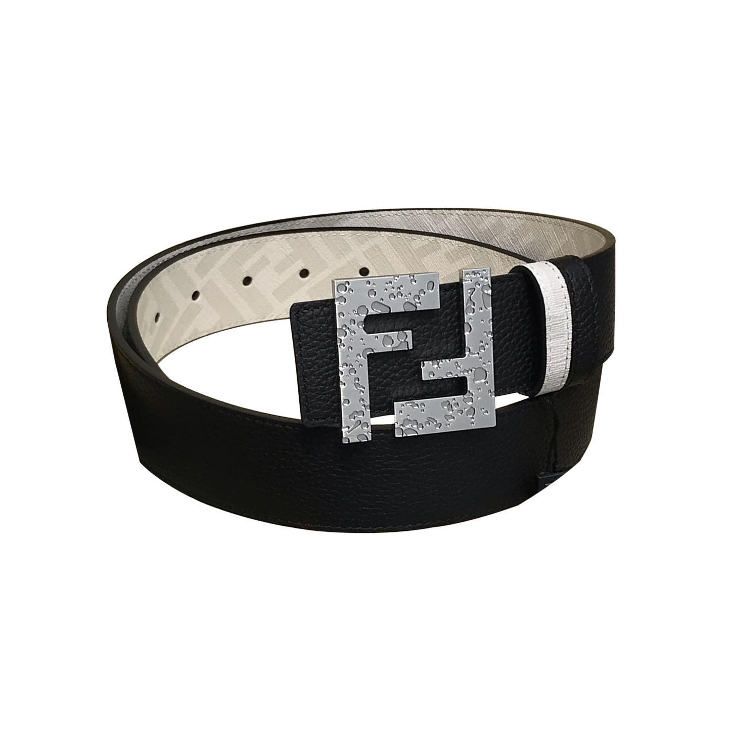 Cinto Fendi Masculino FF Quadrado Reversível em Pele de Bezerro Preto/Marrom e Canvas Monograma Branco/Marrom com Ferragens Douradas/Prateadas 38mm