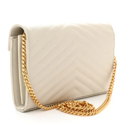 Saint Laurent Small Chain Wallet Crema Soft Chevron Monogram Grain De Poudre Matelasse Leather Gold Hardware