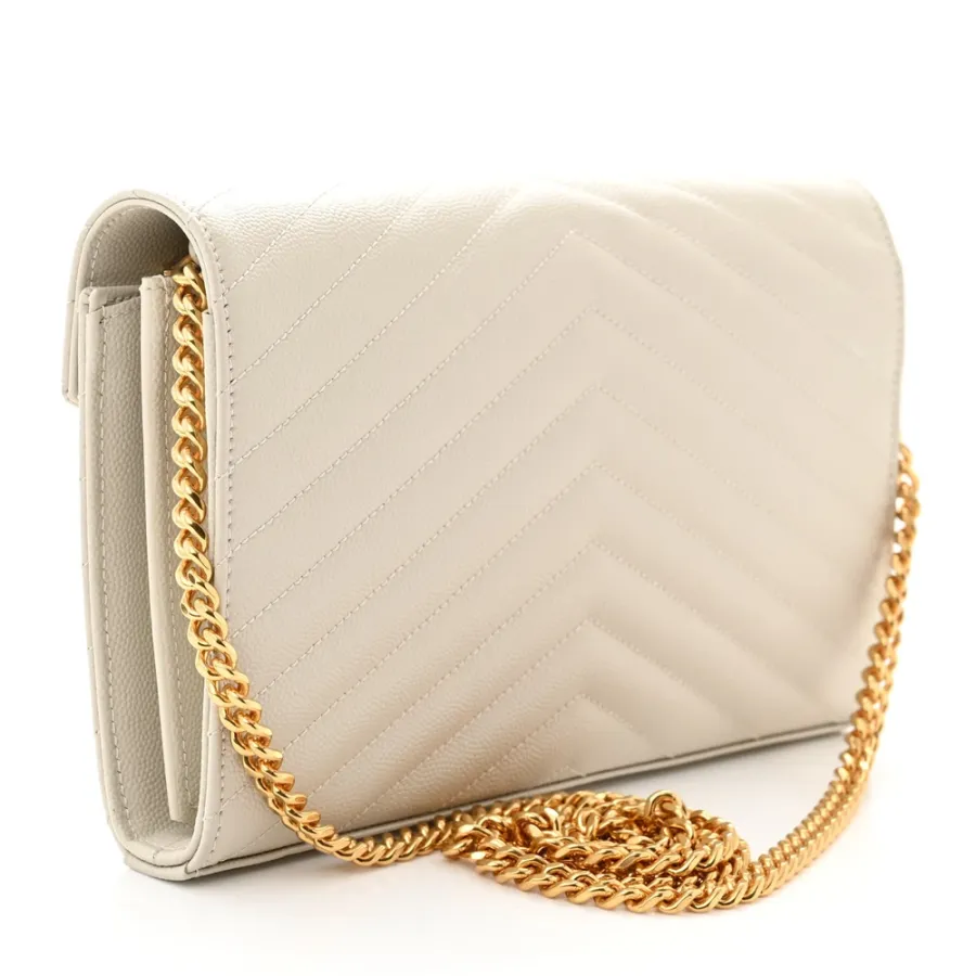 Saint Laurent Small Chain Wallet Crema Soft Chevron Monogram Grain De Poudre Matelasse Leather Gold Hardware