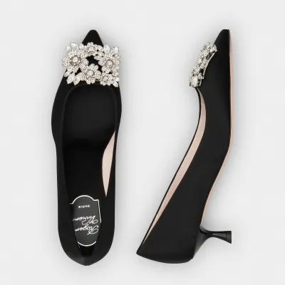 Roger Vivier Efflorescence Pumps High Heels In Black Satin With Crystal Buckle (Heel Height 4.5cm)