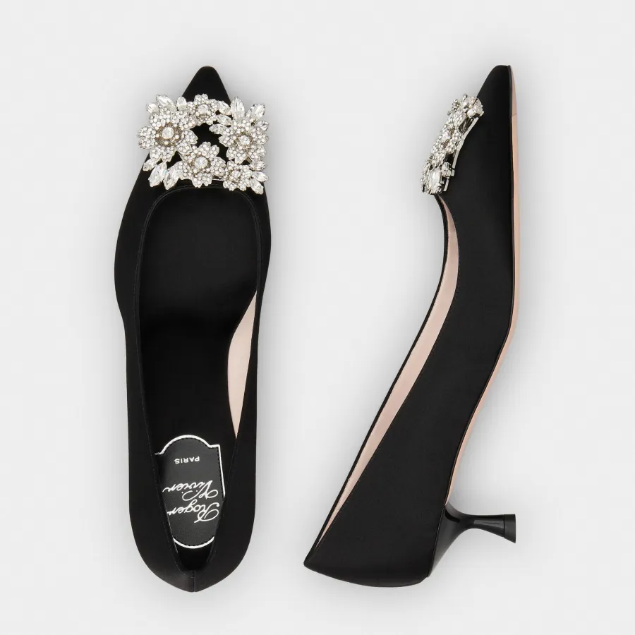 Roger Vivier Efflorescence Pumps High Heels In Black Satin With Crystal Buckle (Heel Height 4.5cm)
