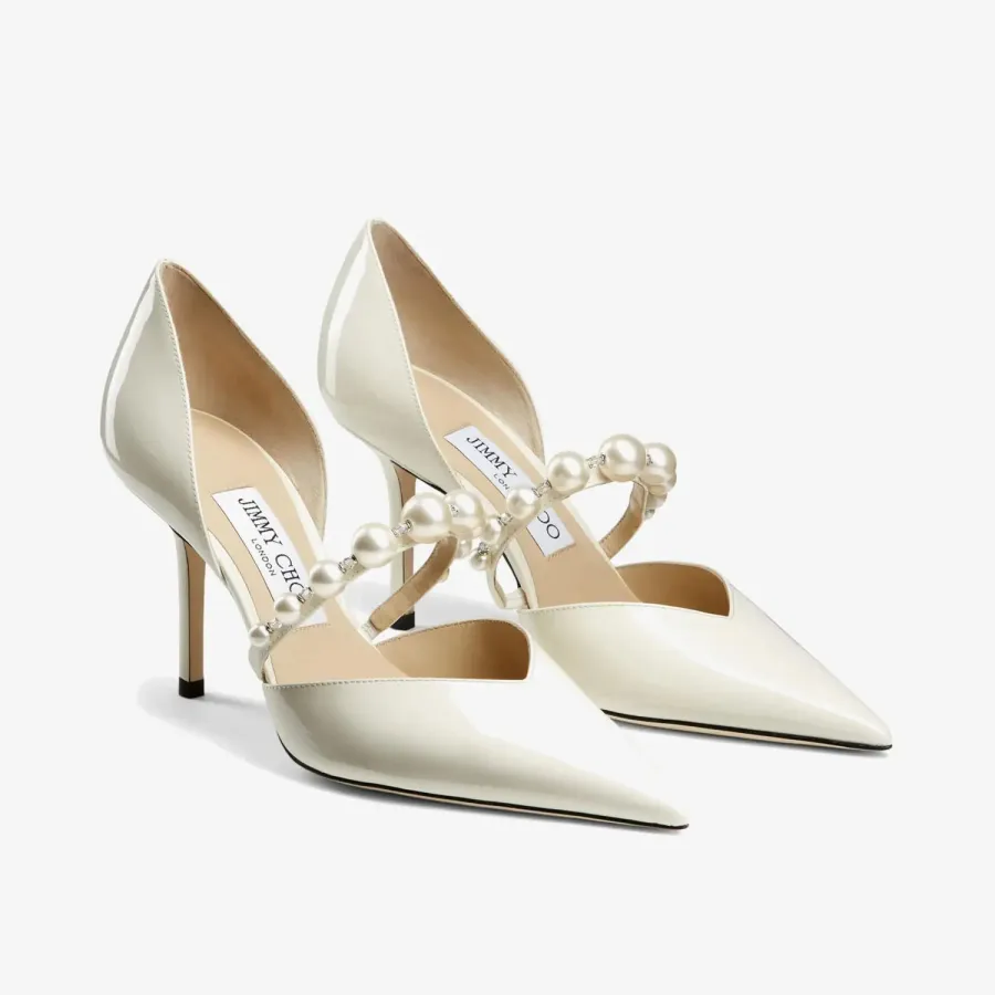 JIMMY CHOO Pearl embellished latte-colored lacquered leather pointed high heels