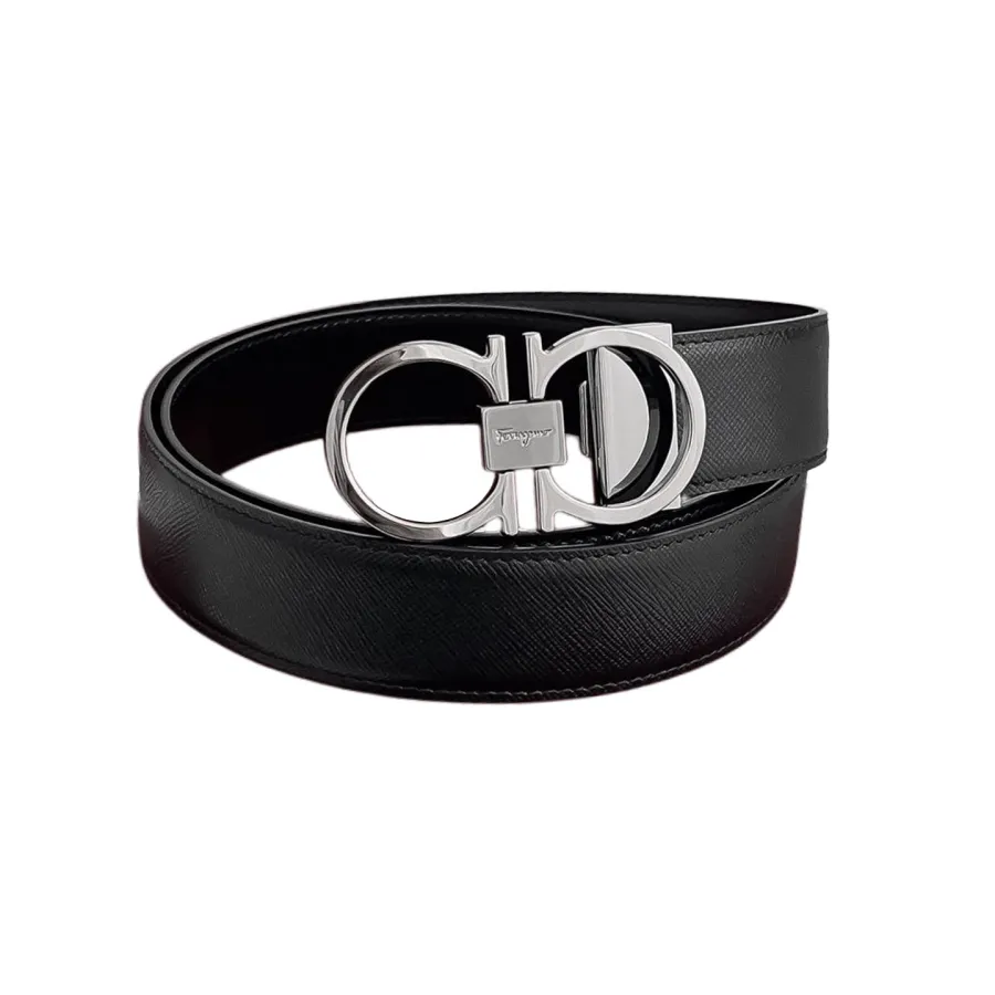 Ferragamo Men's Thin Double Gancini Buckle Reversible Belt In Black Saffiano Calfskin With Gold/Silver Hardware 35mm