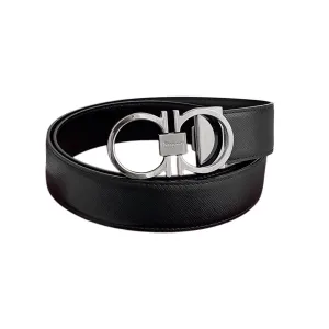 Ferragamo Men's Thin Double Gancini Buckle Reversible Belt In Black Saffiano Calfskin With Gold/Silver Hardware 35mm
