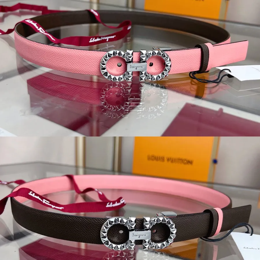 Ferragamo Women's Double Gancini Reversible Belt In Blue/Pink/Red/Purple/Black/Brown/White/Navy Blue Calfskin With Gold/Silver Hardware 25mm