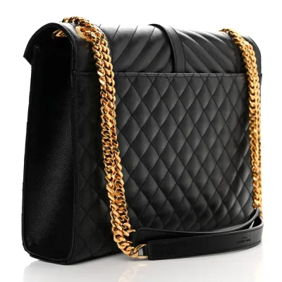 Saint Laurent Large Satchel Black Triquilt Monogram Grain De Poudre Textured Mixed Matelasse Leather Gold Hardware
