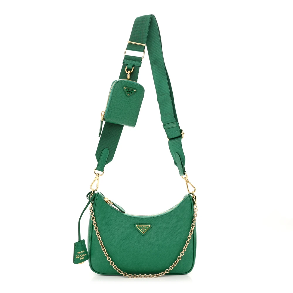 Prada Medium Re-Edition 2005 Bolsa de Ombro Mint Couro Saffiano Lux Hardware Dourado