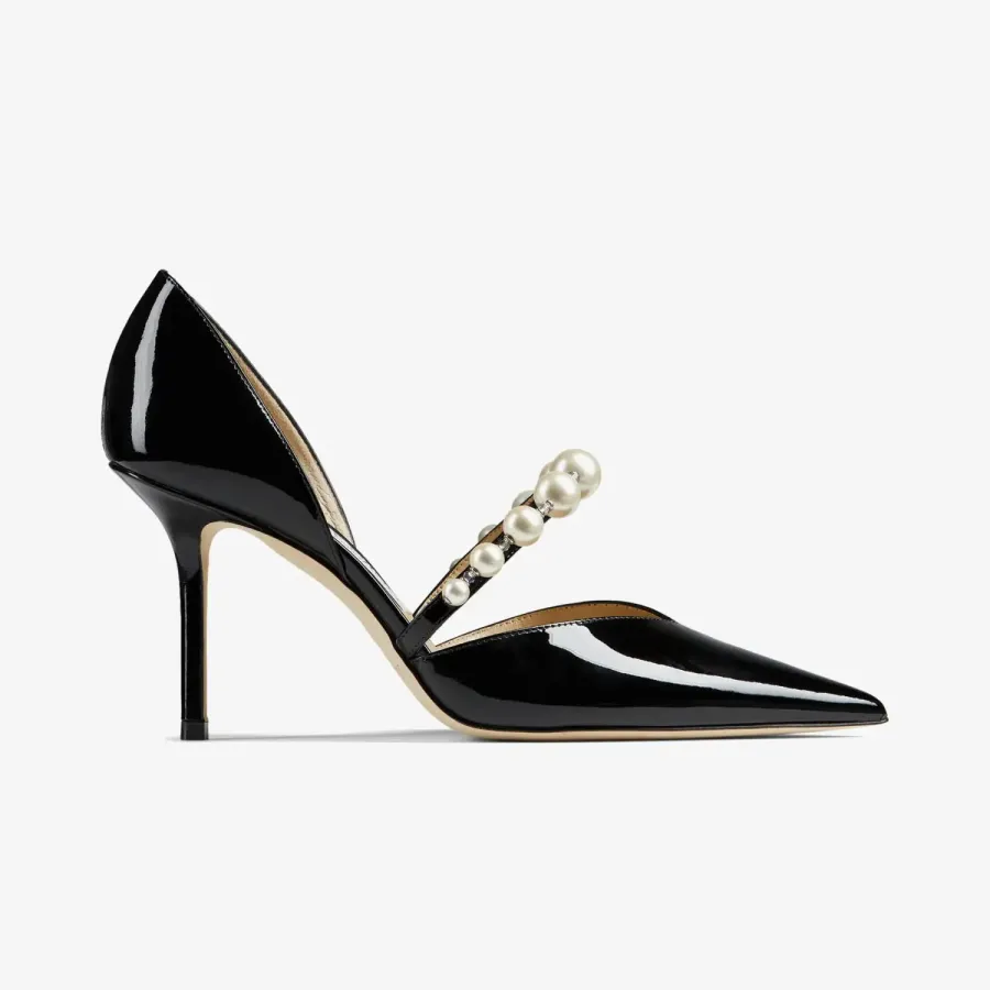 JIMMY CHOO Pearl embellished black lacquered leather pointed high heels shoes