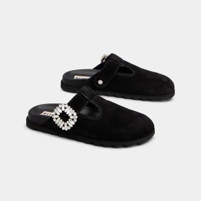 Roger Vivier Slidy Viv' Mules Birkenstocks In Black Suede With Crystal Buckle